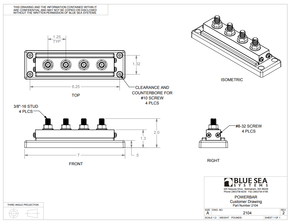 Blue Sea PowerBar 600A BusBar - Four 3/8"-16 Studs