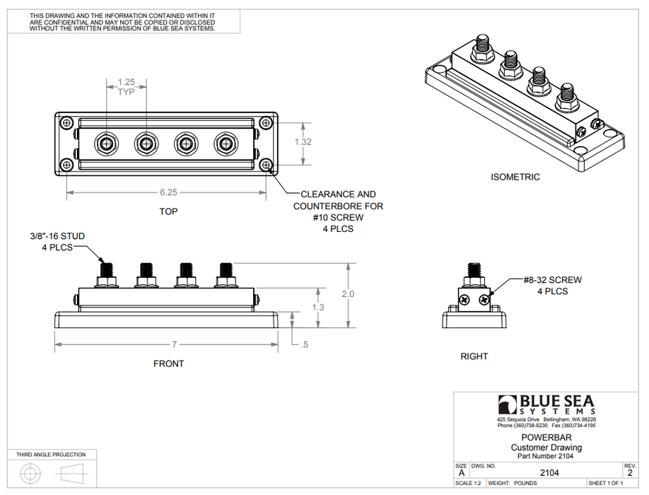 Blue Sea PowerBar 600A BusBar - Four 3/8"-16 Studs