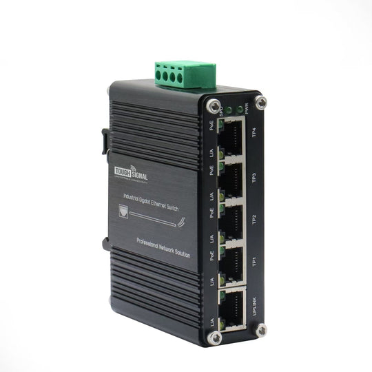 ToughSignal Industrial 5-Port Gigabit PoE+ Switch (12–48V DC)