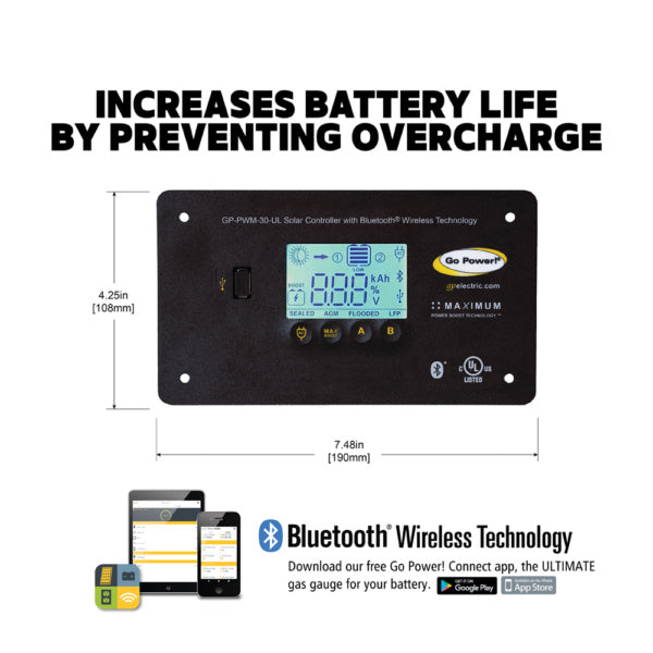 Go Power 30 Amp Solar Controller Dual Bank Bluetooth - GP-PWM-30-UL